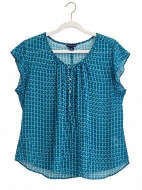 Banana Republic Teal Green Geometric Sleeveless Button Popover Front Blouse